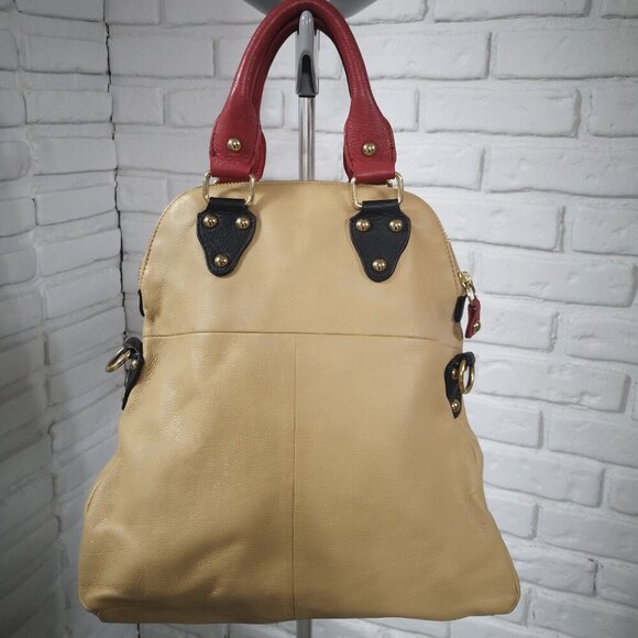 Emma Fox Fold Over Tan & Black w/ Red Handles Genuine Leather Lined Handbag - Picture 2 of 12